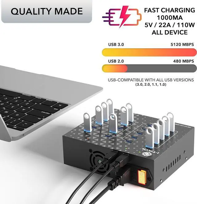 Alt view image 3 of 7 - 20 - Port USB 3.0 Splitter Hub with Power Supply - High Speed Data Transfer for Desktop, Laptop, HDD, PC - Expand and Speed Up to 5 Gbps 110W - Industrial Grade Hub Compatible with External Drives