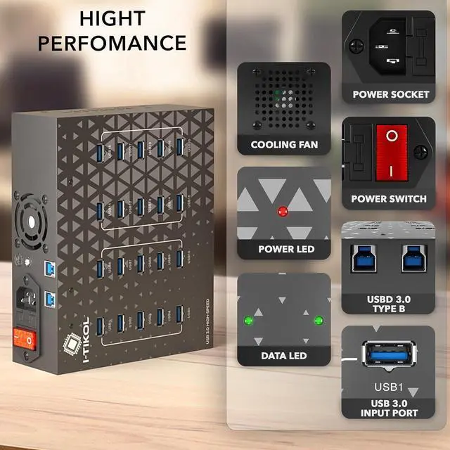 Alt view image 6 of 7 - 20 - Port USB 3.0 Splitter Hub with Power Supply - High Speed Data Transfer for Desktop, Laptop, HDD, PC - Expand and Speed Up to 5 Gbps 110W - Industrial Grade Hub Compatible with External Drives