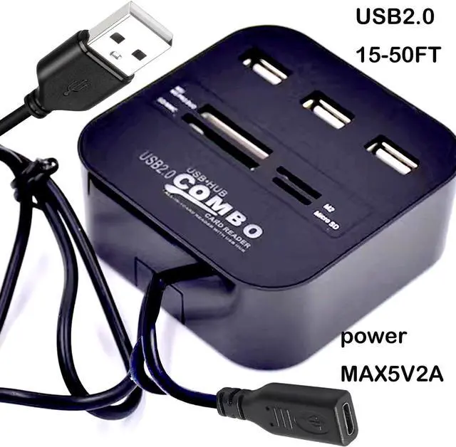Alt view image 5 of 7 - USB A Hub Expander Long USB2.0 Cable 50FT, Long USB 2.0 Extension Cable with 7 Port (3 USB-A Ports+/TF/SD/MS/M2 Card Reader Ports), USB2.0 Splitter Hub Mouse and Keyboard and All in One