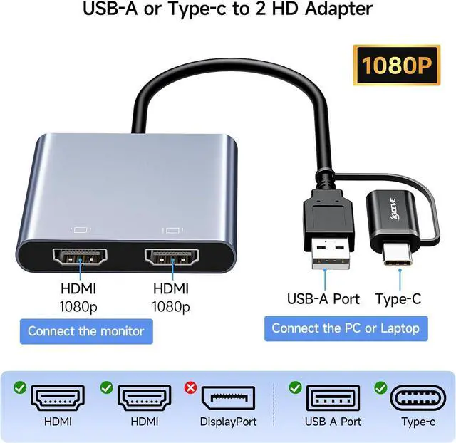 Alt view image 2 of 7 - KCEVE USB to Dual HDMI Adapter, USB C to 2 HDMI Multiport Splitter Support 1080p for Windows, M1/M2 Mac OS - BIOS Interface Not Support, Only Support 11th-Generation Or Newer Processor