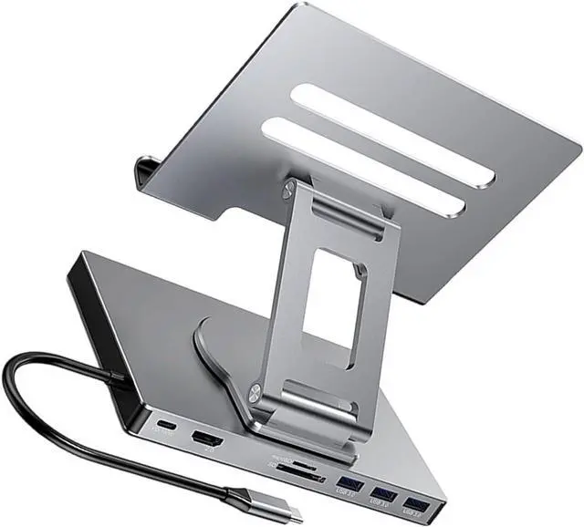 Alt view image 4 of 7 - 1. Foldable Rotating USB C Dock Stand PD100W Charging Aluminum Alloy Cooling Gigabit Ethernet 3.5mm Slip-Proof Base Aluminum Alloy Portable USB Adapter