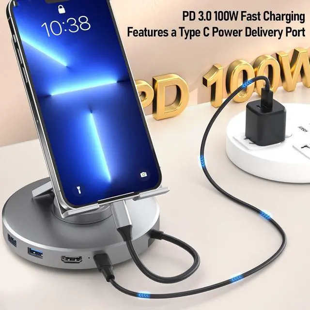 Alt view image 5 of 7 - Jiawu 10 in 1 USB C Docking Station, 360 Rotatable Tablet Stand with USB C Hub 4K HD Multimedia 100W PD Charging Fit for Steam Deck