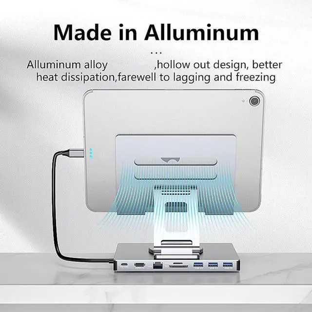 Alt view image 3 of 7 - Adjustment USB C Docking Station Stand 100W Power Delivery Aluminum Bracket Ethernet 3.5mm Output Foldable Base Laptop Cooling Docking Station