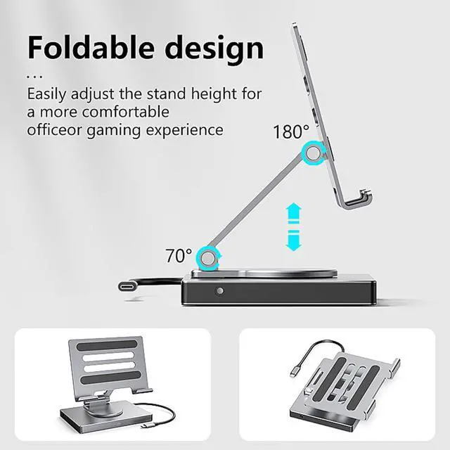 Alt view image 7 of 7 - 1. Foldable Rotating USB C Dock Stand PD100W Charging Aluminum Alloy Cooling Gigabit Ethernet 3.5mm Slip-Proof Base Silicone Pad USB C Adapter