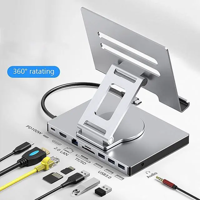 Alt view image 7 of 7 - 1. Foldable USB C Dock Stand PD100W Charging Aluminum Alloy Cooling Gigabit Ethernet 3.5mm Slipproof Base Type C Rotating Stand Docking Station