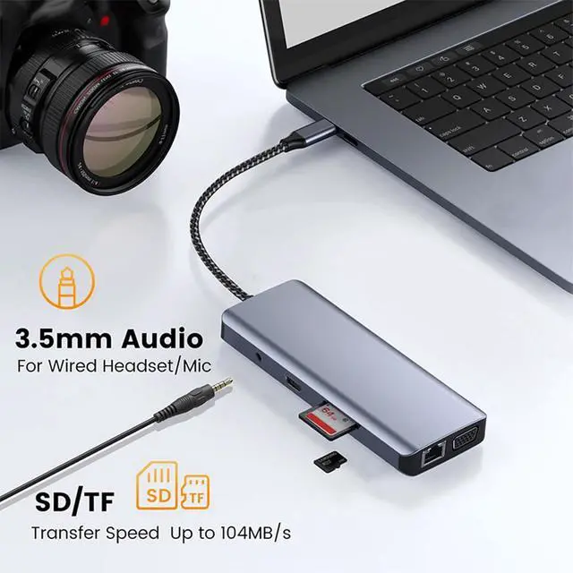 Alt view image 6 of 7 - Type C Docking Station to HDTV Output Gigabit Ethernet Port TF Card Reader Slot 3.5mm USB Splitter Cable for Phone USB C with Ethernet