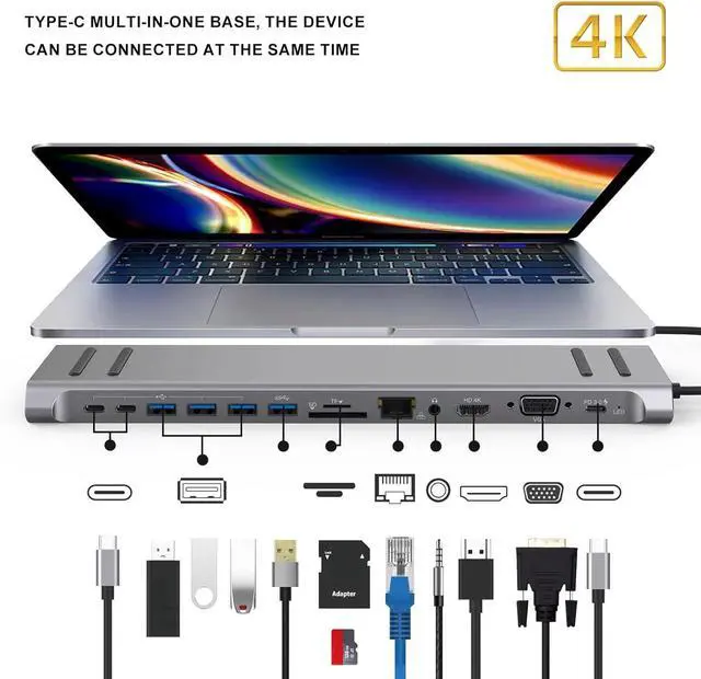 Alt view image 2 of 7 - 14 In 1 USB C Multiport Hub Wrap Top Docking Station HDMIS VGA ETHENRET USB C Port USB Extension Adapter