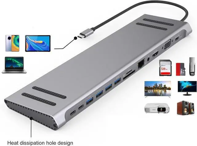 Alt view image 6 of 7 - Rdxanc USB C Laptop Docking Station 14 in 1 Multiports Adapter for Laptops HDMIs VGA Ethernet RJ45 3.5mm USB Port