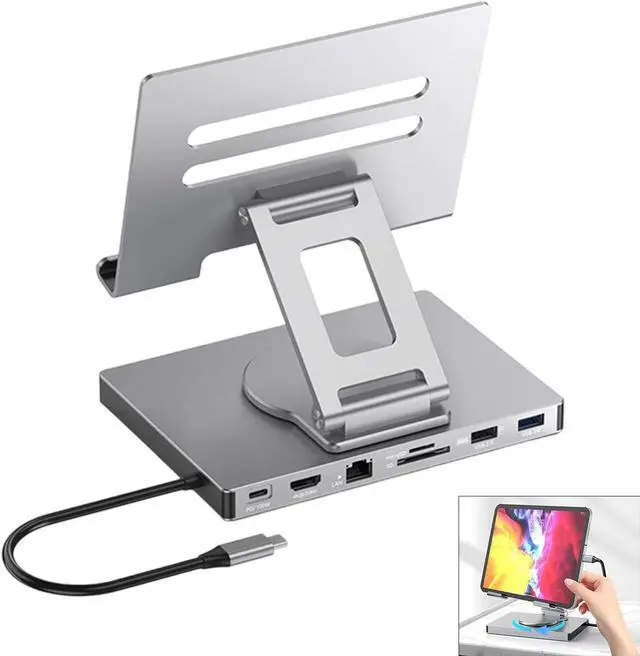 Alt view image 2 of 7 - 1. Foldable USB C Dock Stand PD100W Charging Aluminum Alloy Cooling Gigabit Ethernet 3.5mm Slipproof Base Type C Rotating Stand Docking Station
