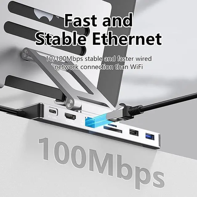 Alt view image 5 of 7 - Adjustment USB C Docking Station Stand 100W Power Delivery Aluminum Bracket Ethernet 3.5mm Output Foldable Base USB C Adapter With Stand