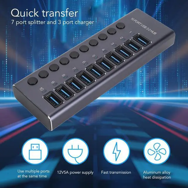 Alt view image 3 of 7 - Denash Powered USB 3.0 Data Hub,10 USB 3.0 Data Ports with Individual Switch,USB Data Hub Splitter with 60W Power Adapter for Laptop PC 100240V (US Plug)