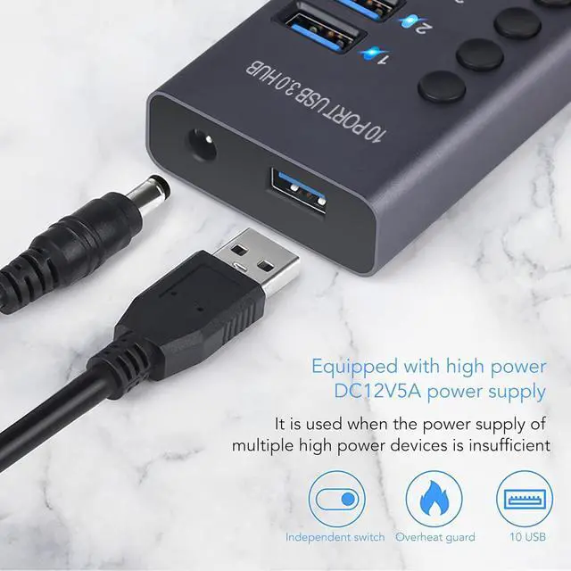 Alt view image 4 of 7 - Denash Powered USB 3.0 Data Hub,10 USB 3.0 Data Ports with Individual Switch,USB Data Hub Splitter with 60W Power Adapter for Laptop PC 100240V (US Plug)