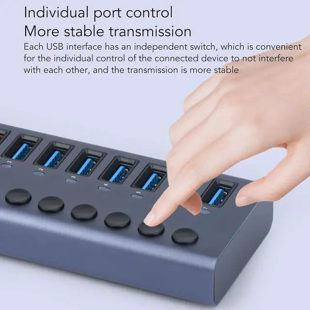 Alt view image 5 of 7 - Denash Powered USB 3.0 Data Hub,10 USB 3.0 Data Ports with Individual Switch,USB Data Hub Splitter with 60W Power Adapter for Laptop PC 100240V (US Plug)