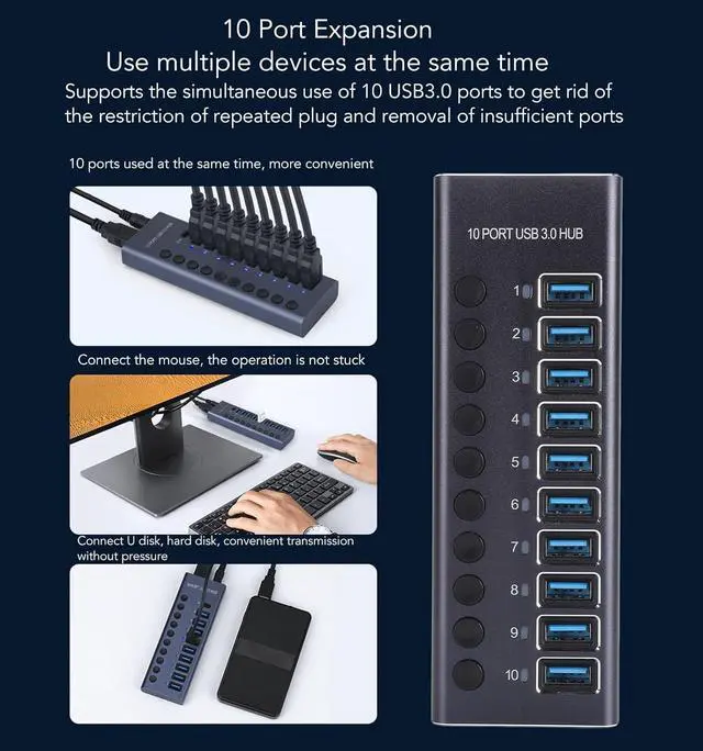 Alt view image 7 of 7 - Denash Powered USB 3.0 Data Hub,10 USB 3.0 Data Ports with Individual Switch,USB Data Hub Splitter with 60W Power Adapter for Laptop PC 100240V (US Plug)