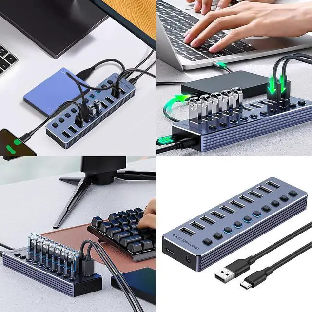 Alt view image 2 of 7 - Aluminum USB3.0 Splitter 4/7/10 Port USB Adapter Fast Speed Data Transfer And Charging With Independently Switches USB Adapter For Gaming Consoles