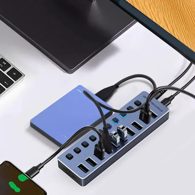 Alt view image 7 of 7 - Aluminum USB3.0 Splitter 4/7/10 Port USB Adapter Fast Speed Data Transfer And Charging With Independently Switches USB Adapter For Gaming Consoles