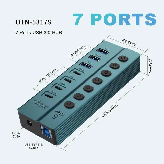 Alt view image 3 of 7 - USB Splitter 7 Port Power Expander USB 3.0 Data Port Adapter USB Splitter with Individual Switch Switch for Laptop