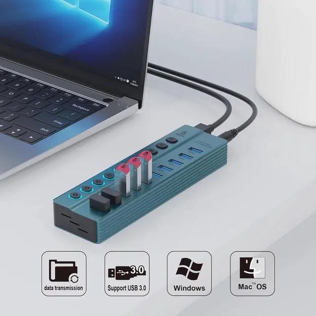 Alt view image 2 of 7 - USB Splitter 7 Port Power Expander USB 3.0 Data Port Adapter USB Splitter with Individual Switch Switch for Laptop