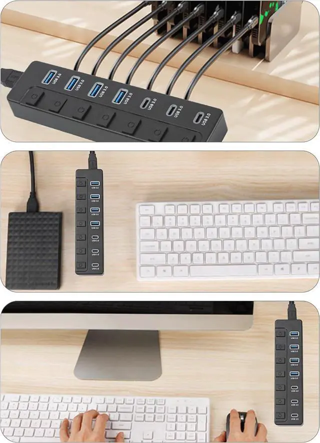 Alt view image 2 of 7 - 7 Port USB3.0 Adapter With 3 Type C And Individual Switches 5Gbps Fast Data Transfer Expansion Dock For Laptops PC USB Adapter For External Devices