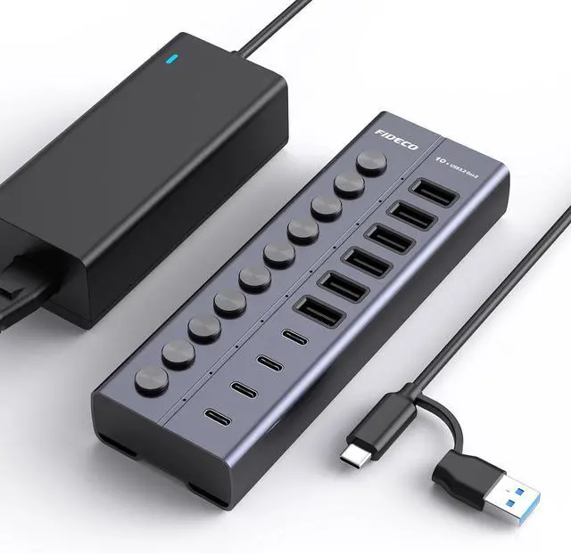 Main image of 60W Powered USB Hub for Laptop and PC, 10-Port 10Gbps USB Splitter with 12V 5A Power Adapter, Aluminum USB 3.2 Gen 2 Multiport Adapter, 6 USB-A and 4 USB-C Ports, Support BC1.2 Charging