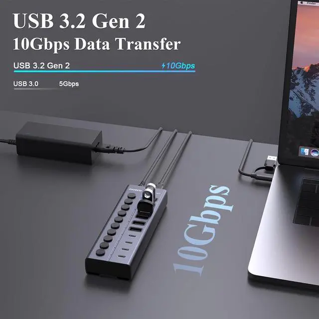 Alt view image 3 of 7 - 60W Powered USB Hub for Laptop and PC, 10-Port 10Gbps USB Splitter with 12V 5A Power Adapter, Aluminum USB 3.2 Gen 2 Multiport Adapter, 6 USB-A and 4 USB-C Ports, Support BC1.2 Charging