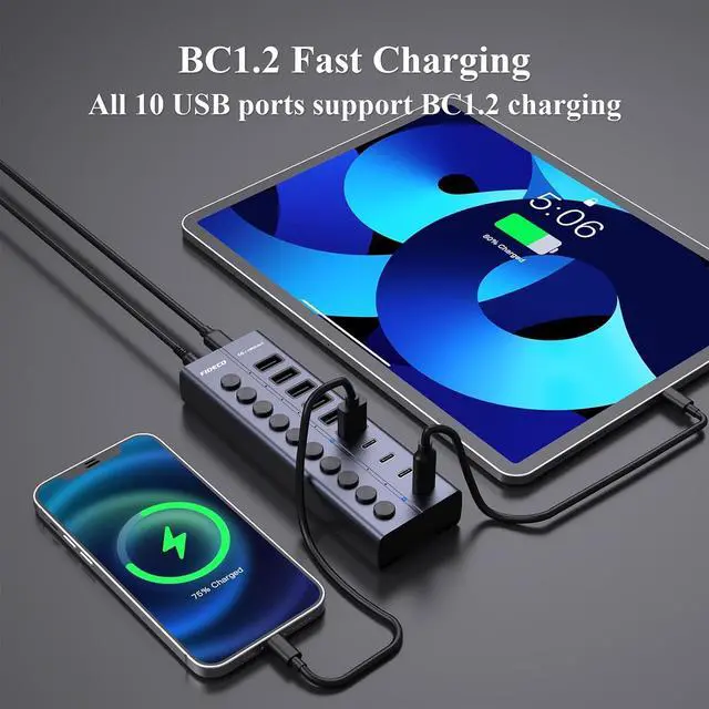 Alt view image 4 of 7 - 60W Powered USB Hub for Laptop and PC, 10-Port 10Gbps USB Splitter with 12V 5A Power Adapter, Aluminum USB 3.2 Gen 2 Multiport Adapter, 6 USB-A and 4 USB-C Ports, Support BC1.2 Charging