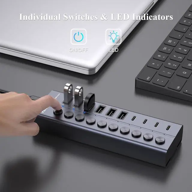 Alt view image 5 of 7 - 60W Powered USB Hub for Laptop and PC, 10-Port 10Gbps USB Splitter with 12V 5A Power Adapter, Aluminum USB 3.2 Gen 2 Multiport Adapter, 6 USB-A and 4 USB-C Ports, Support BC1.2 Charging