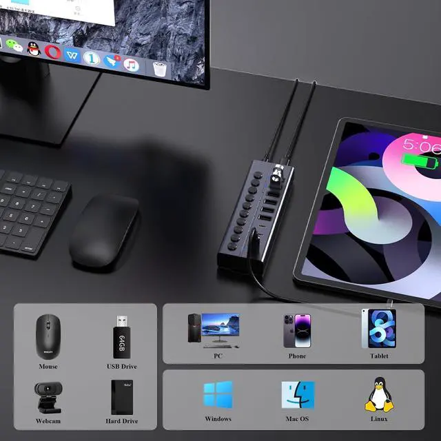 Alt view image 6 of 7 - 60W Powered USB Hub for Laptop and PC, 10-Port 10Gbps USB Splitter with 12V 5A Power Adapter, Aluminum USB 3.2 Gen 2 Multiport Adapter, 6 USB-A and 4 USB-C Ports, Support BC1.2 Charging