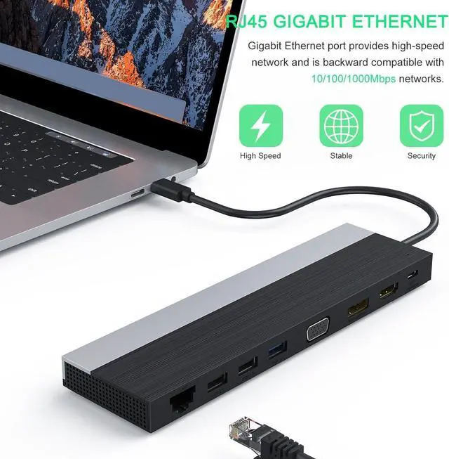 Alt view image 3 of 7 - Wisoqu 12 in 1 Laptop Multiport Adapter Dongle, Triple Display Docking Station with HD Multimedia Interface DisplayPort VGA Gigabit Ethernet 100W