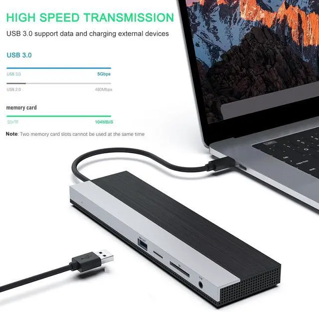 Alt view image 2 of 7 - Wisoqu 12 in 1 Laptop Multiport Adapter Dongle, Triple Display Docking Station with HD Multimedia Interface DisplayPort VGA Gigabit Ethernet 100W