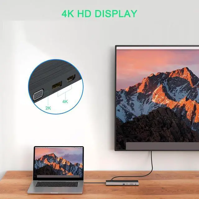 Alt view image 4 of 7 - Wisoqu 12 in 1 Laptop Multiport Adapter Dongle, Triple Display Docking Station with HD Multimedia Interface DisplayPort VGA Gigabit Ethernet 100W