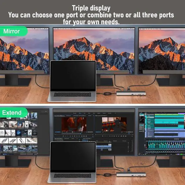 Alt view image 6 of 7 - Wisoqu 12 in 1 Laptop Multiport Adapter Dongle, Triple Display Docking Station with HD Multimedia Interface DisplayPort VGA Gigabit Ethernet 100W