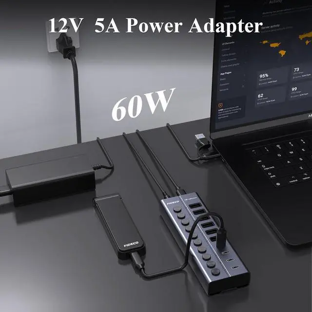 Alt view image 2 of 7 - 60W Powered USB Hub for Laptop and PC, 10-Port 10Gbps USB Splitter with 12V 5A Power Adapter, Aluminum USB 3.2 Gen 2 Multiport Adapter, 6 USB-A and 4 USB-C Ports, Support BC1.2 Charging