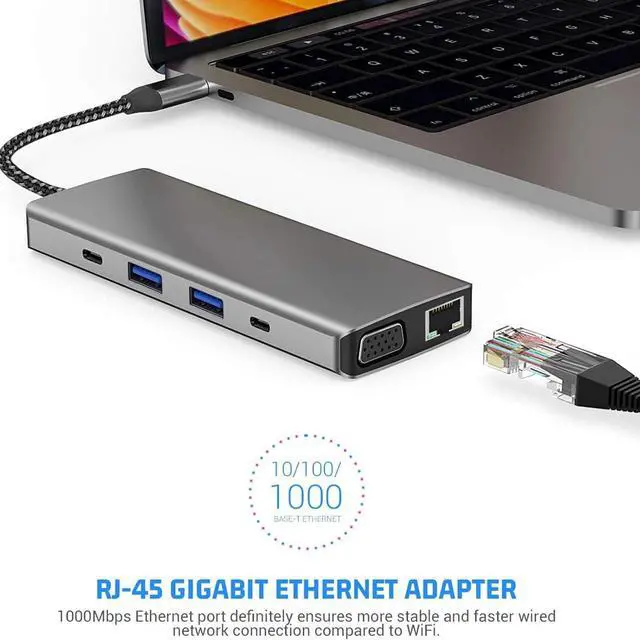 Alt view image 4 of 7 - Type C Docking Station to HDTV Output Gigabit Ethernet Port TF Card Reader Slot 3.5mm USB Splitter Cable for Phone USB C with Ethernet