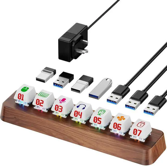 Main image of 7-Port USB 3.0 Powered Hub, USB Hub Docking Station, Hot-Swappable 3-Pin Mechanical Keyboard Switch Expander with 5Gbps Data Transfer & RGB Lighting, Walnut Wood Design for Windows Laptops