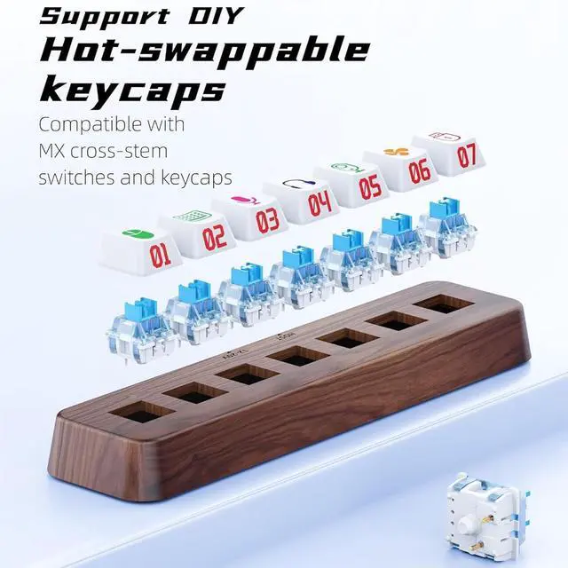 Alt view image 2 of 7 - 7-Port USB 3.0 Powered Hub, USB Hub Docking Station, Hot-Swappable 3-Pin Mechanical Keyboard Switch Expander with 5Gbps Data Transfer & RGB Lighting, Walnut Wood Design for Windows Laptops