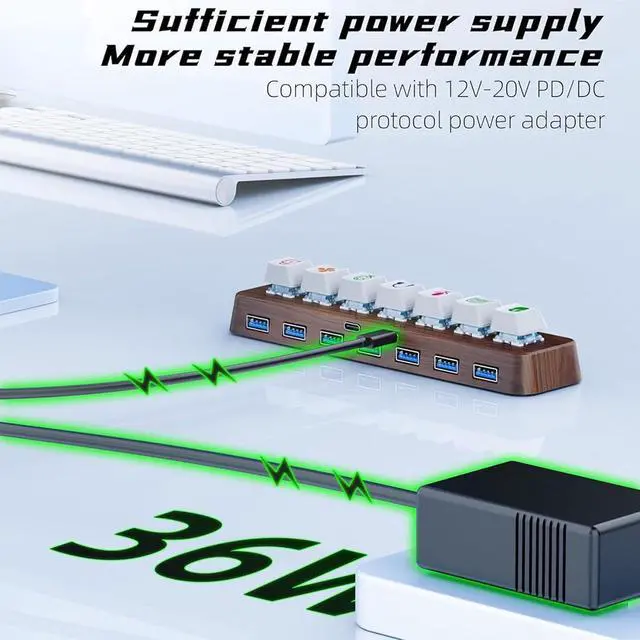 Alt view image 3 of 7 - 7-Port USB 3.0 Powered Hub, USB Hub Docking Station, Hot-Swappable 3-Pin Mechanical Keyboard Switch Expander with 5Gbps Data Transfer & RGB Lighting, Walnut Wood Design for Windows Laptops