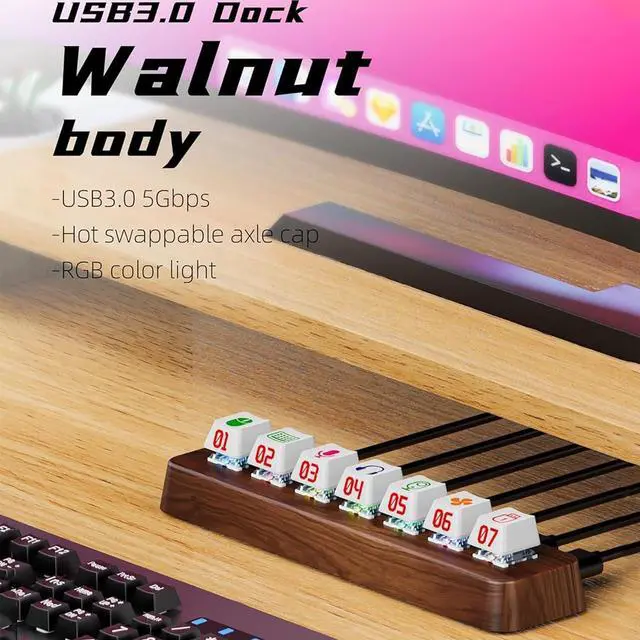 Alt view image 6 of 7 - 7-Port USB 3.0 Powered Hub, USB Hub Docking Station, Hot-Swappable 3-Pin Mechanical Keyboard Switch Expander with 5Gbps Data Transfer & RGB Lighting, Walnut Wood Design for Windows Laptops