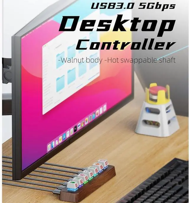 Alt view image 7 of 7 - 7-Port USB 3.0 Powered Hub, USB Hub Docking Station, Hot-Swappable 3-Pin Mechanical Keyboard Switch Expander with 5Gbps Data Transfer & RGB Lighting, Walnut Wood Design for Windows Laptops