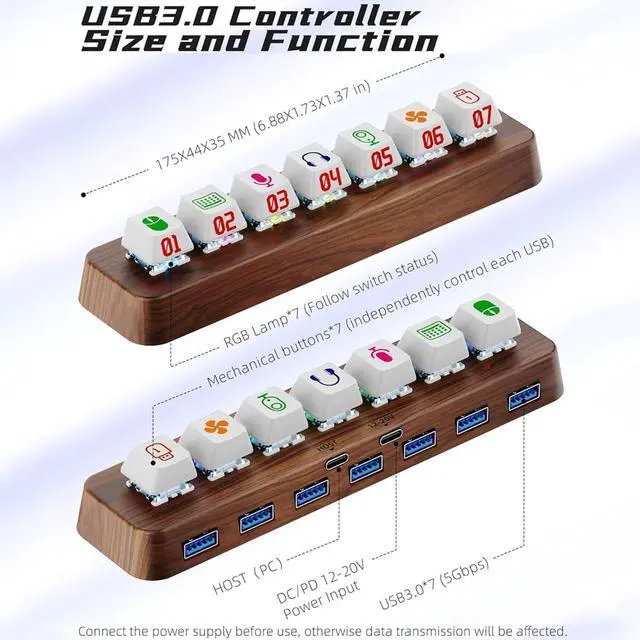 Alt view image 5 of 7 - 7-Port USB 3.0 Powered Hub, USB Hub Docking Station, Hot-Swappable 3-Pin Mechanical Keyboard Switch Expander with 5Gbps Data Transfer & RGB Lighting, Walnut Wood Design for Windows Laptops
