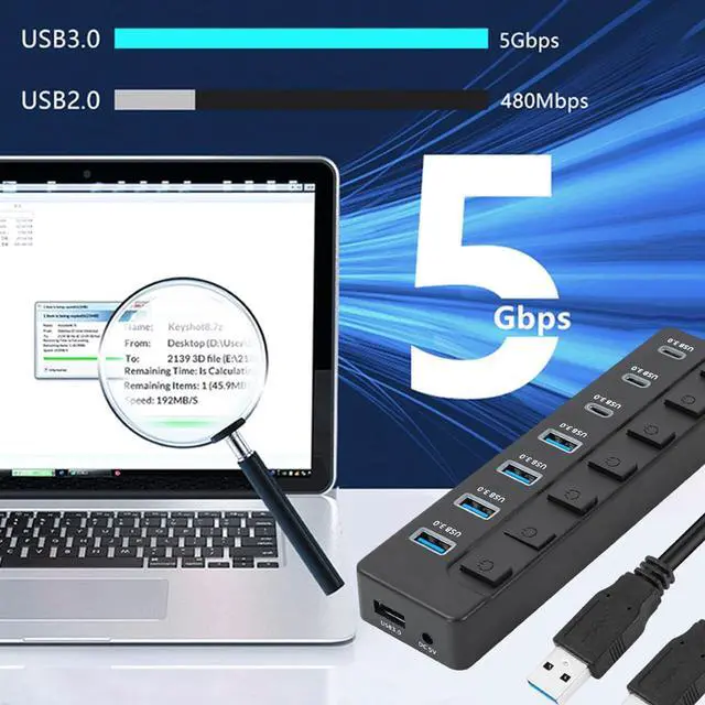 Alt view image 5 of 7 - 7 Port USB3.0 Adapter With 3 Type C And Individual Switches 5Gbps Fast Data Transfer Expansion Dock For Laptops PC USB Adapter For External Devices