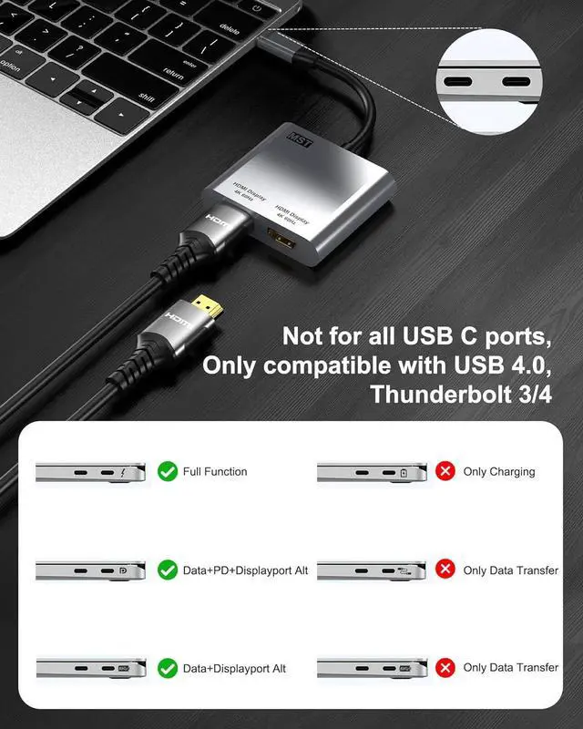 Alt view image 3 of 7 - USB C to Dual HDMI Adapter 4K@60hz, Type C to HDMI Splitter for Dual Monitors, USB C Hub Extend Display for MacBook Air/Pro, XPS, More Laptops with Thunderbolt 3/4 Ports