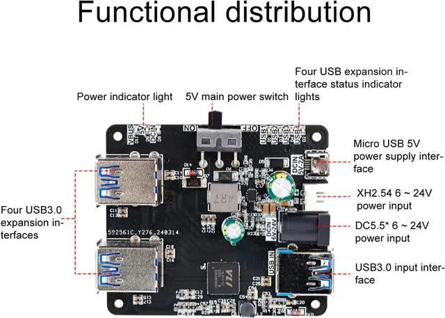 Alt view image 2 of 5 - Treedix USB 3.0 HUB Breakout Board USB 3.0 Hub 4-Port Splitter with 5V/24V Dual Power - Compatible with Raspberry Pi/Jetson/Robot, Plug & Play for Camera, Keyboard