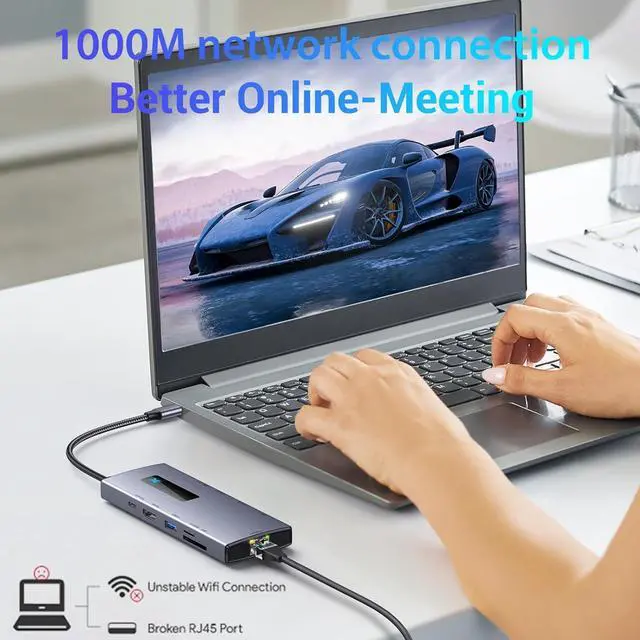 Alt view image 5 of 7 - USB C HUB 10 In 1 Aluminum USB C Dock Station 4K@60Hz + USB + RJ45 + SDTF + PD100W Charging 10 Port Adapter