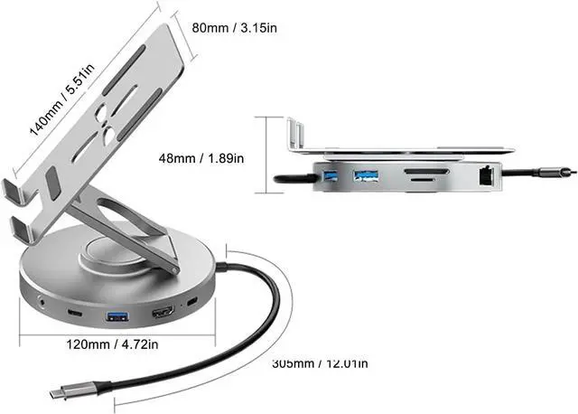 Alt view image 3 of 7 - 10 in 1 USB C Hub with 4K at 60Hz HD Port, Gigabit Ethernet RJ45, 3.5mm Sound, USB2.0, 2xUSB3.0, USB C 3.0 Docking Station, Foldable Design for Tablets
