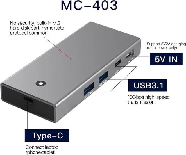 Alt view image 2 of 7 - M.2 NVME TypeC Docking Station 4K60Hz HDMIcompatible2.0 USB 10Gbps Fast USB Expansion USB HUB Splitters