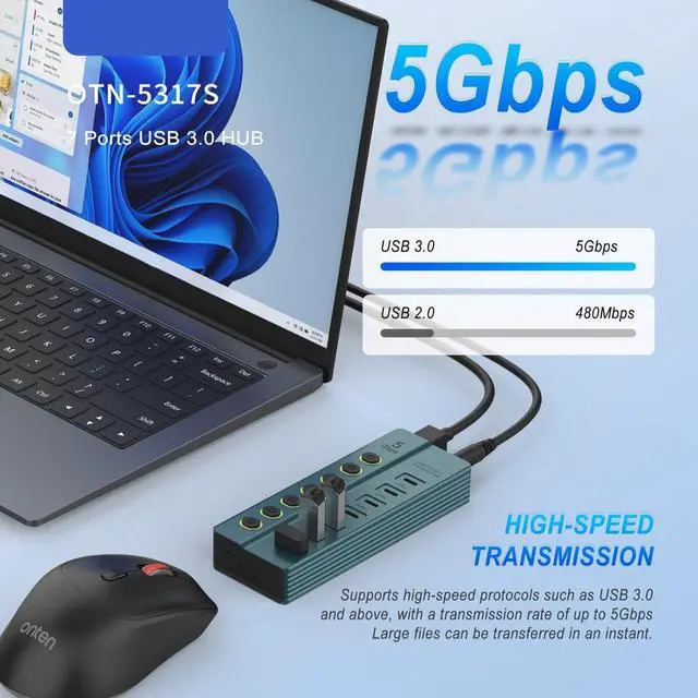 Alt view image 4 of 7 - USB Splitter 7 Port Power Expander USB 3.0 Data Port Adapter USB Splitter with Individual Switch Switch for Laptop