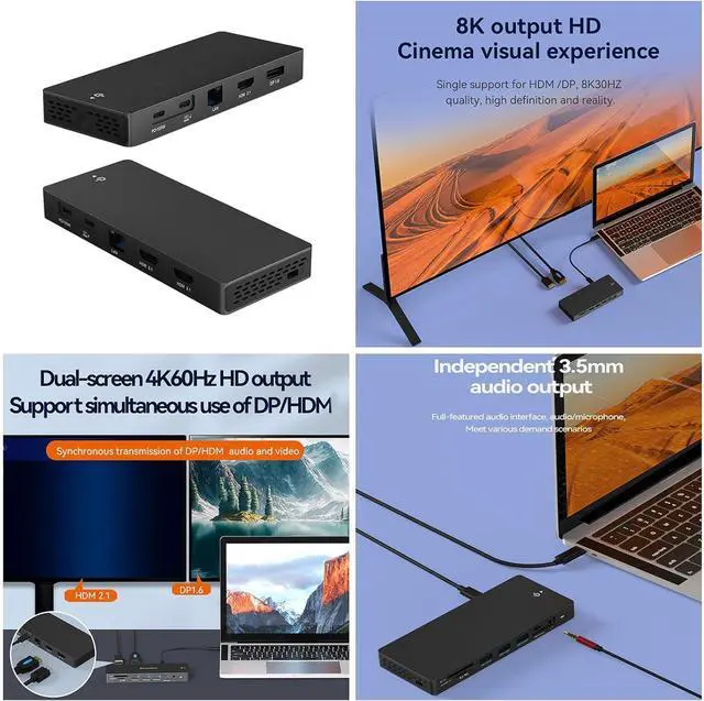 Alt view image 2 of 7 - USB C Hub Triple Display TypeC Hub (12-in-1) 4K60Hz HDMIcompatible PD100W Power Delivery 10Gbps Docking Station
