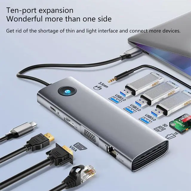 Alt view image 6 of 7 - USB C Adapter 10 in 1 Docking Station with Video 1000M Ethernet PD100W Charging USB3.0 3Ports 5Gbps Fast Data Transfer