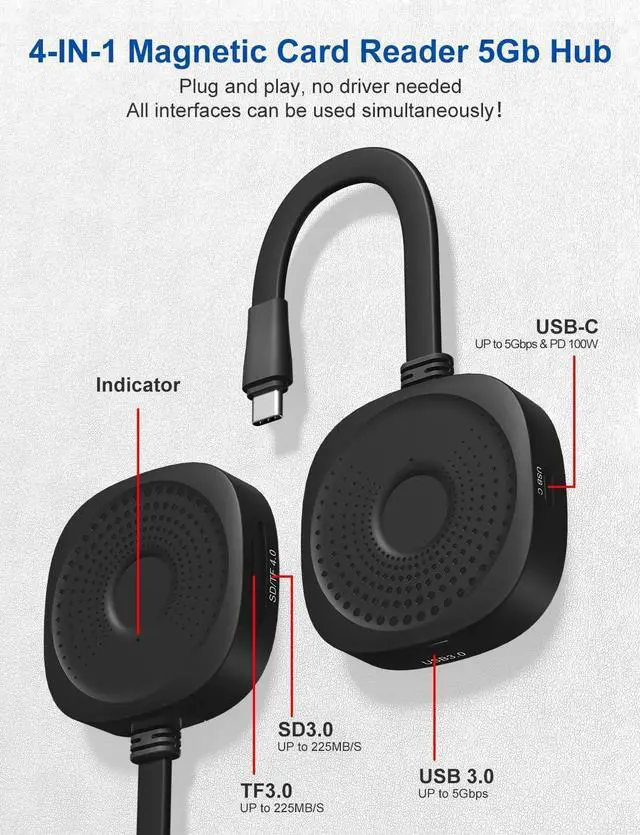 Alt view image 2 of 7 - Magnetic USB C Hub Card Reader for iPhone 16 15 Pro Max - 4 in 1 Type-C SD3.0 MicroSD3.0 Card Solt 100W PD 5Gbps USB3.0 USB-C Adapter, Magsafe SD Reader for iPhone, MacBook Pro Air, Pad Pro Type-C
